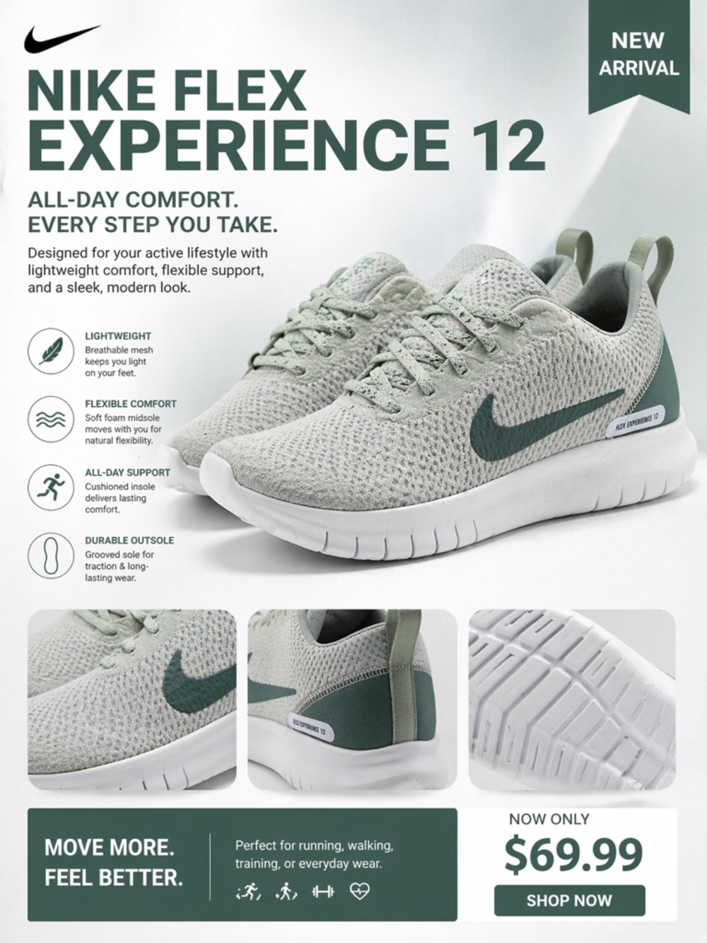 Nike Flex Experience 12 Sage Green & White Knit Sneakers